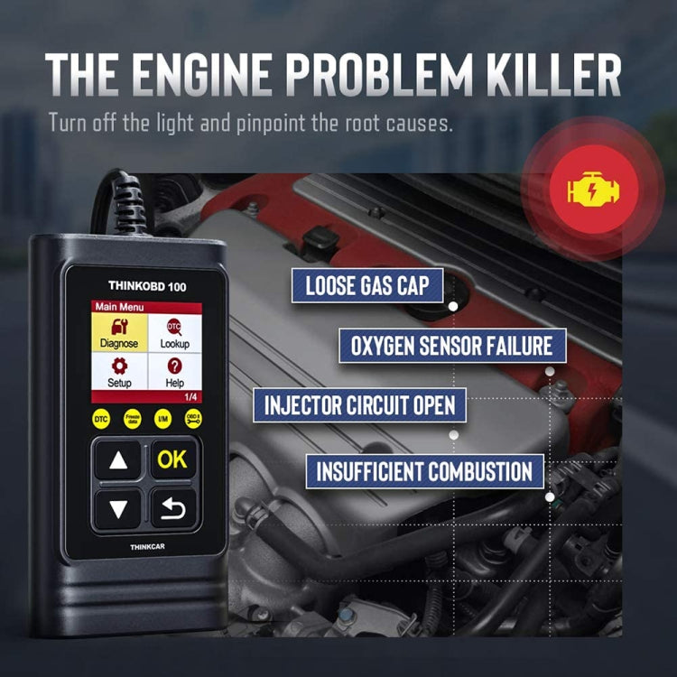 OBD2 scanner shown with engine-bay graphic and diagnostic warning icons