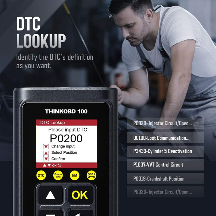 OBD2 scanner in use with man, DTC lookup screen and error code list