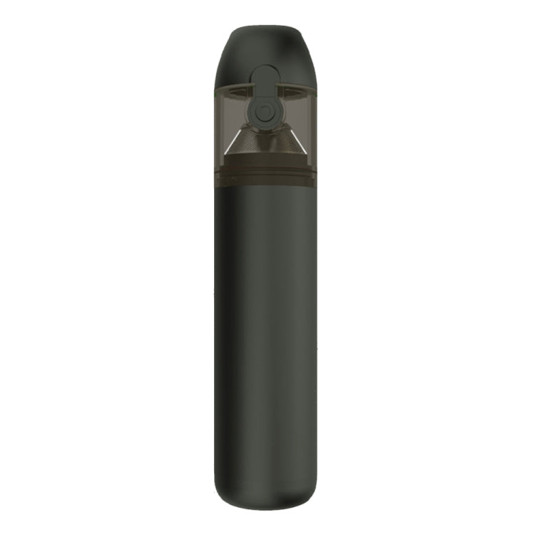 Black handheld cordless car vacuum cleaner with transparent dust cup and top nozzle.