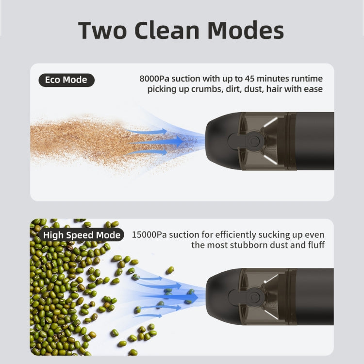 Handheld cordless vacuum cleaner with nozzle and dust cup, two cleaning modes shown.