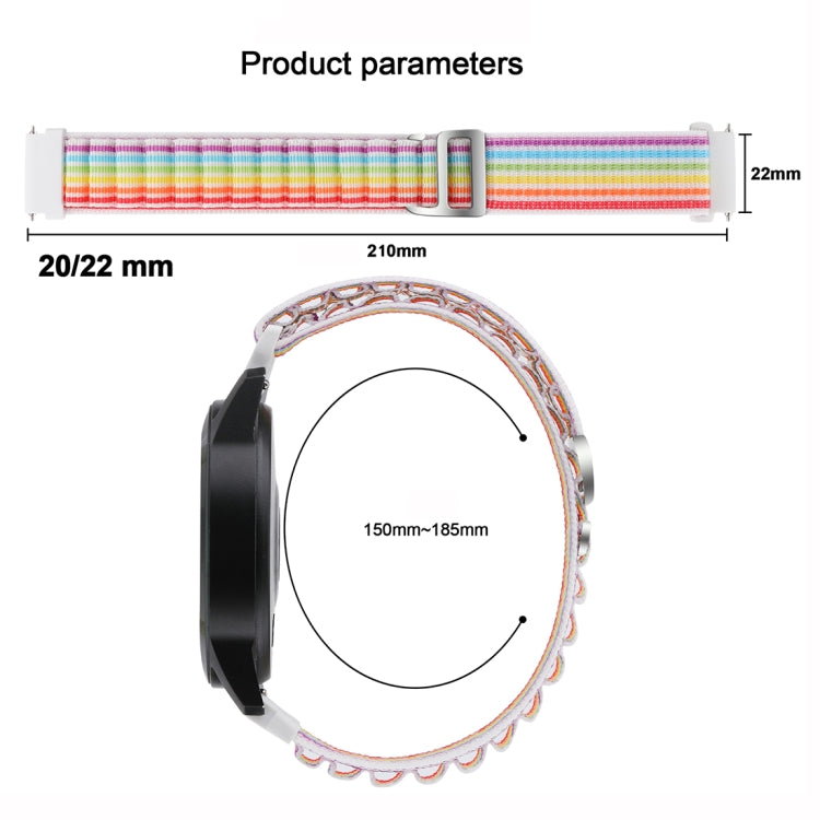 Rainbow nylon loop watch band with 20/22mm width sizing, length shown