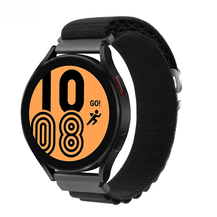 Black nylon loop watch band with metal buckle, shown with a smartwatch face