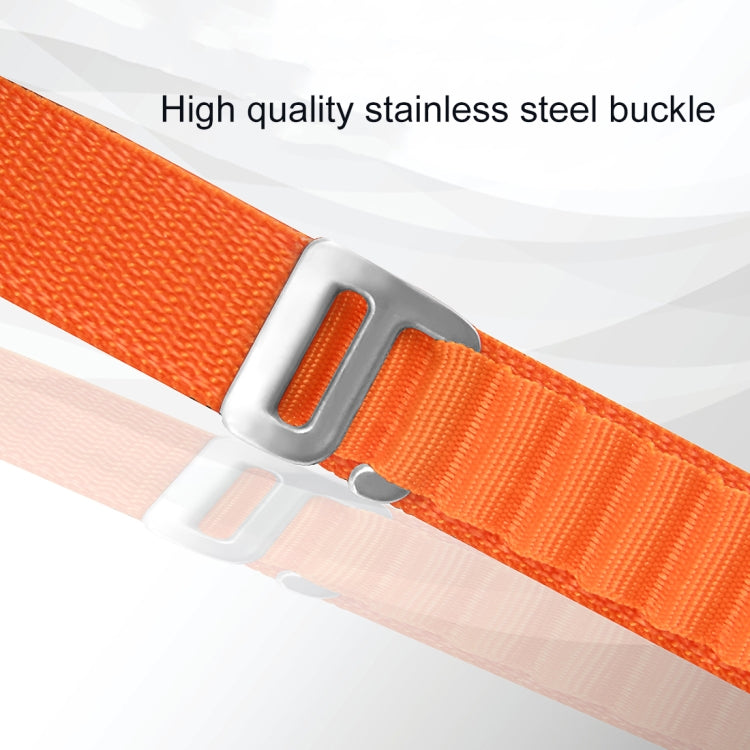 Orange nylon loop watch band with stainless steel buckle and secure strap end.