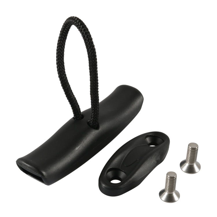 Black kayak carry pull handle with cord, pad eye mounts, and stainless bolts
