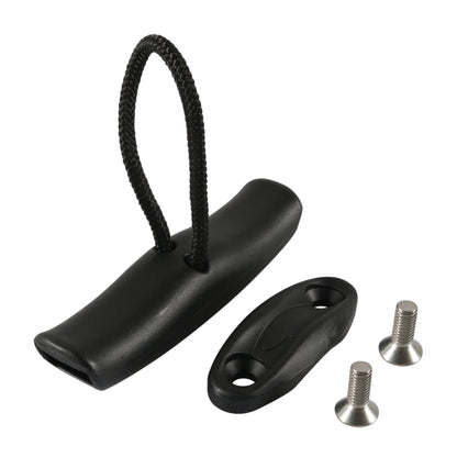 Black kayak carry pull handle with cord, pad eye mounts, and stainless bolts