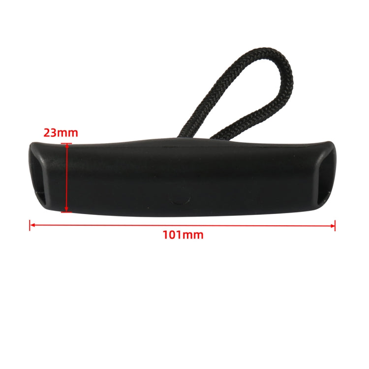 Black handle, 101mm long and 23mm wide, with braided carry cord