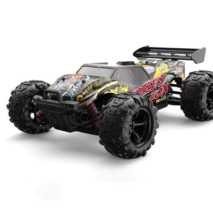 Black and yellow 1:18 scale remote control 4WD off-road truck with roof spoiler