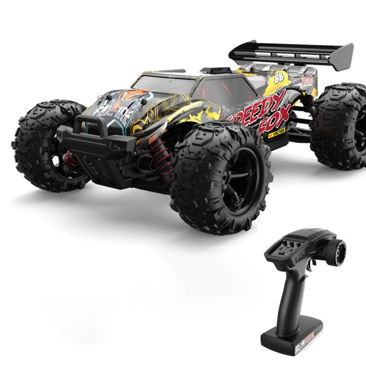 Black and yellow 1:18 remote control 4WD truck with handheld controller and roof spoiler