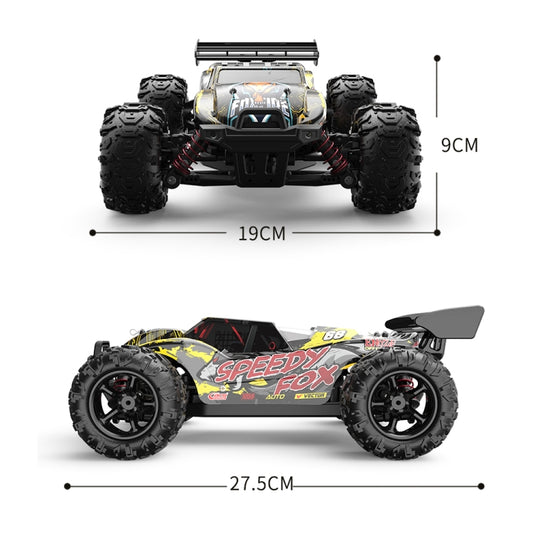 Black and yellow 1:18 remote control off-road truck, side and front view with large tires