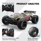 Black and yellow 1:18 remote control off-road truck with suspension and tires highlighted