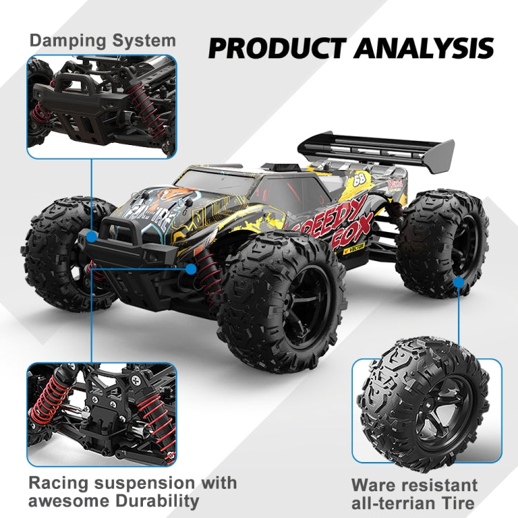 Black and yellow 1:18 remote control off-road truck with suspension and tires highlighted