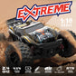 Black and yellow 1:18 off-road RC truck driving through dust, front three-quarter view