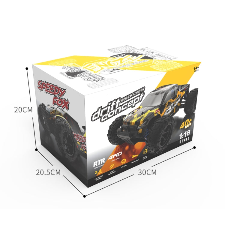 Black and yellow 1:18 scale RC off-road truck retail box with front three-quarter art