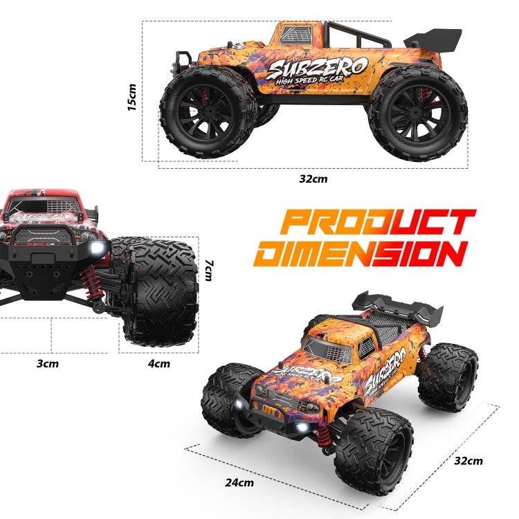 Orange 1:16 scale 4WD remote control truck with size measurements
