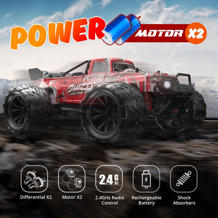 Red and orange 1:16 scale 4WD RC stunt car with large off-road tires