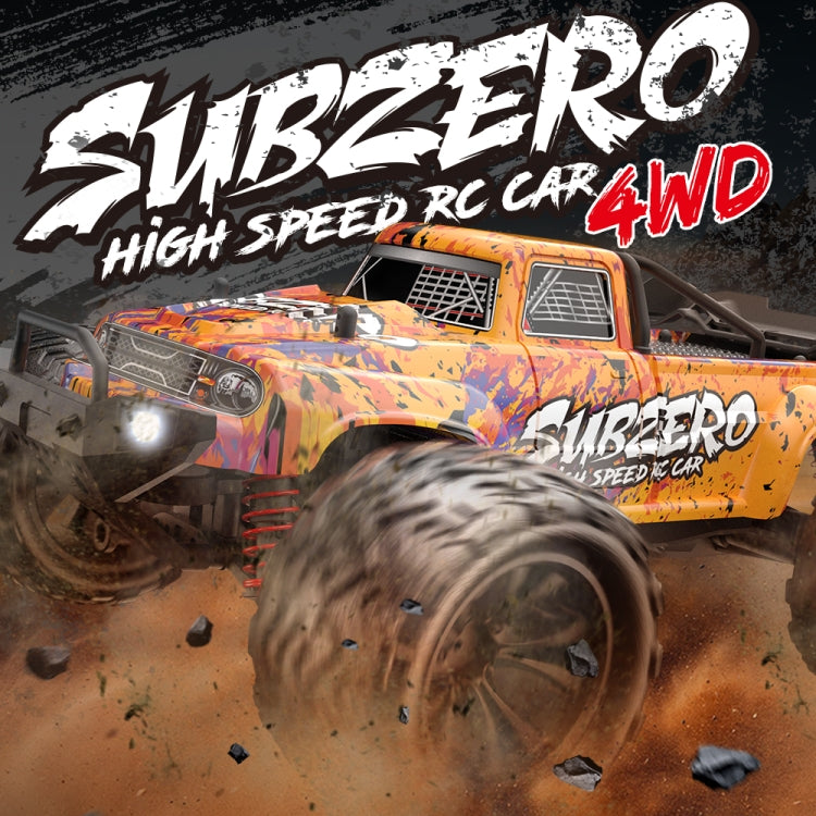 Orange 1:16 scale 4WD RC car with front lights and oversized off-road tires