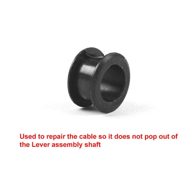 Automatic transmission gear shifting cable end connector bushing, black rubber, side view