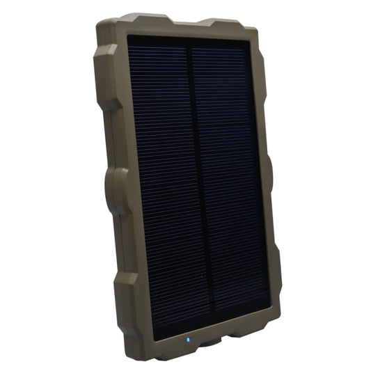 Rugged solar panel charger with dark blue cells in protective gray frame