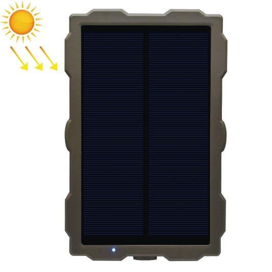 Portable solar panel charger with dark blue photovoltaic cells on gray rugged housing