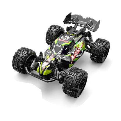 Green 1:20 RC off-road vehicle with chunky tires and front brush guard