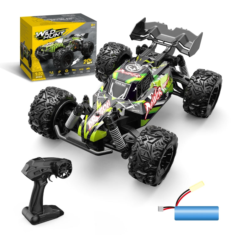 Green 1:20 RC off-road vehicle with box, remote controller, and battery pack