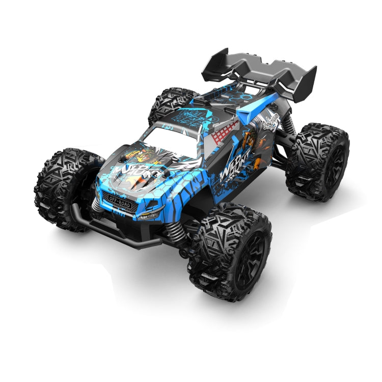 Blue 1:20 RC off-road vehicle with rugged tread tires and rear spoiler