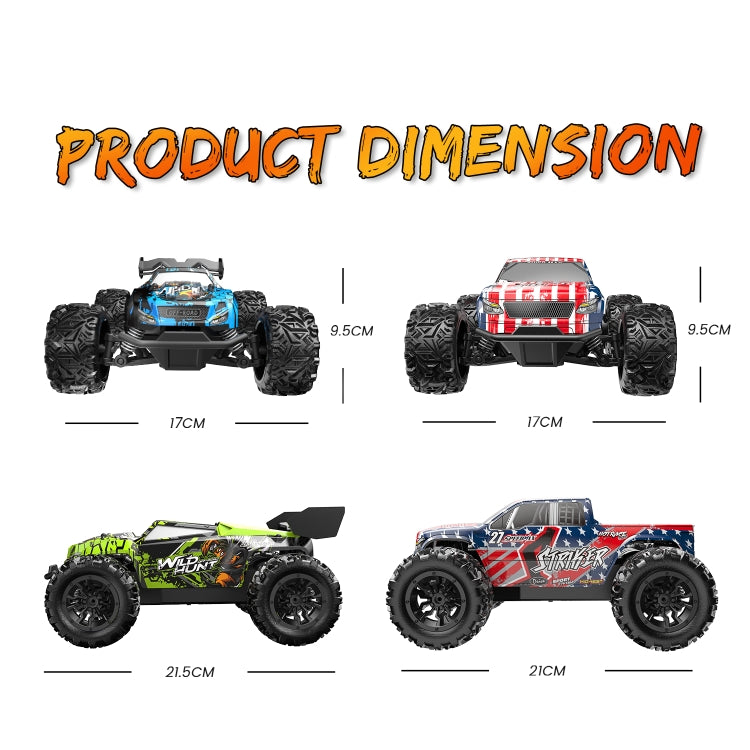 1:20 RC off-road vehicle size diagram with front and side measurements