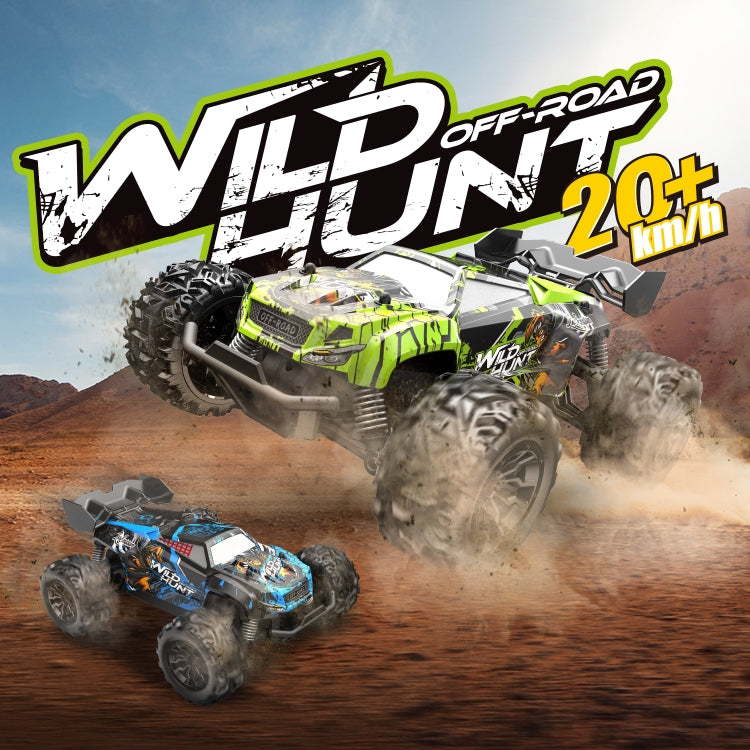 Green 1:20 RC off-road vehicle mid-jump with off-road tires and front grille