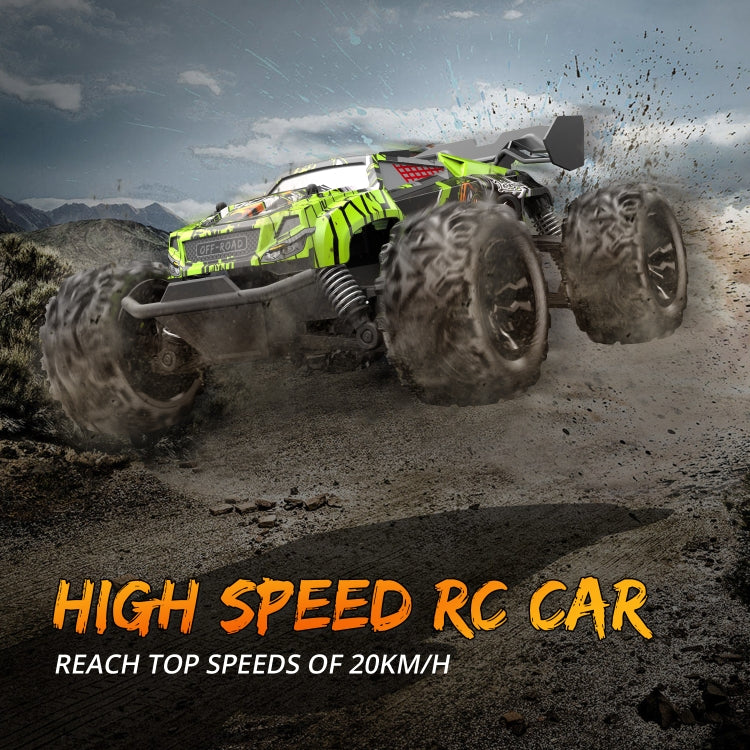 Light green 1:20 RC off-road vehicle jumping through dust with rugged tires