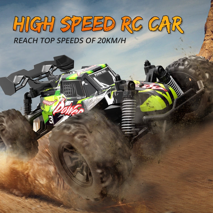Green 1:20 RC off-road vehicle speeding with dust cloud and front bumper