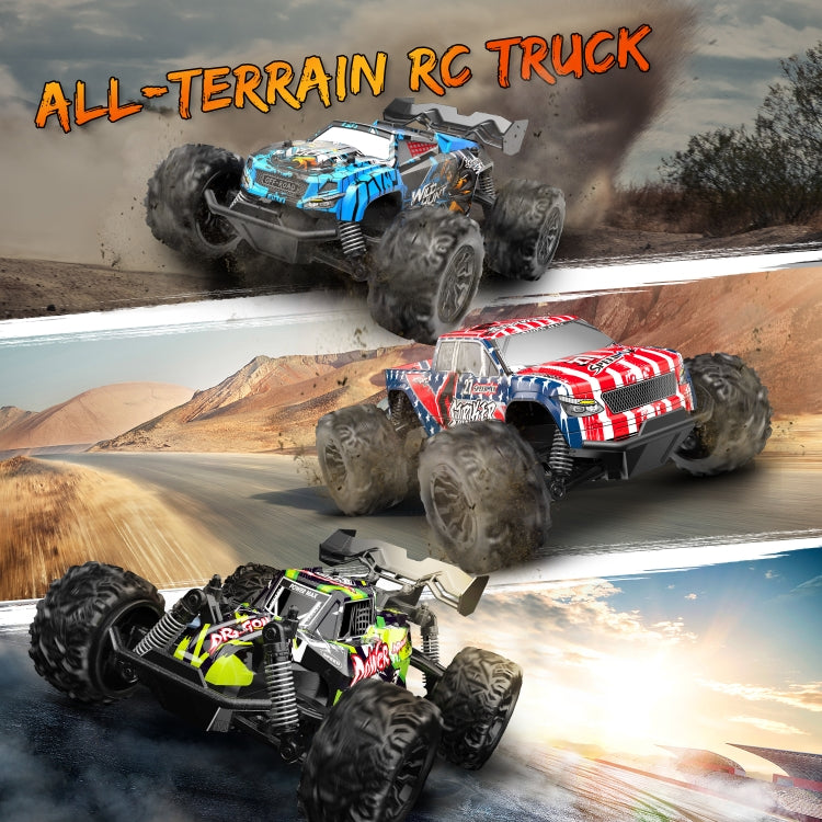 Two all-terrain 1:20 RC trucks, red/white and green/black, with oversized tread tires