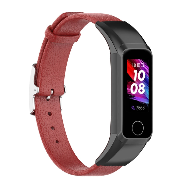 Red genuine leather watch strap with metal buckle for fitness tracker.