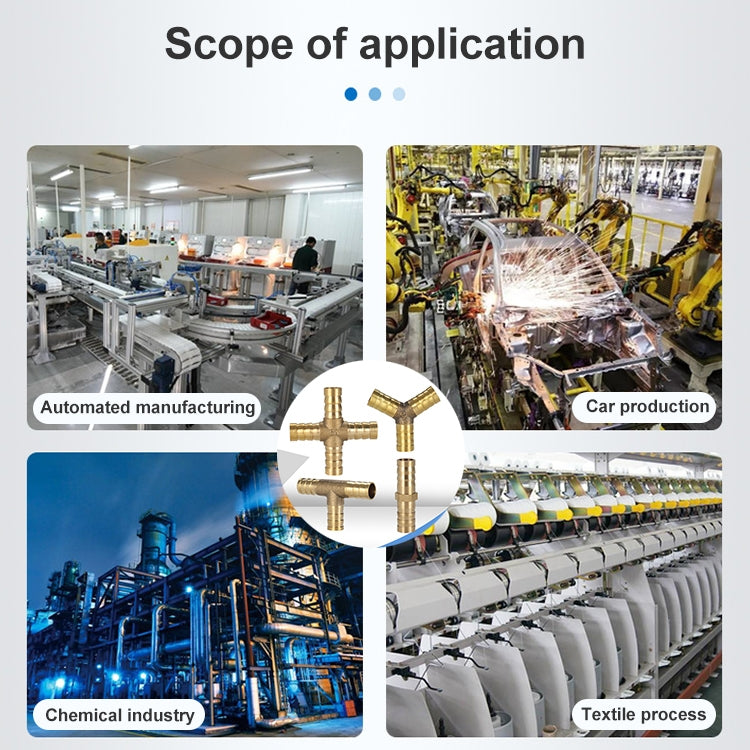 Three-way pneumatic Y connectors pictured in industrial application scenes