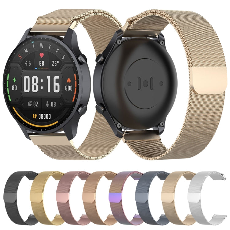 Set of 22mm Milan mesh watch straps in multiple colors, with watch bands shown
