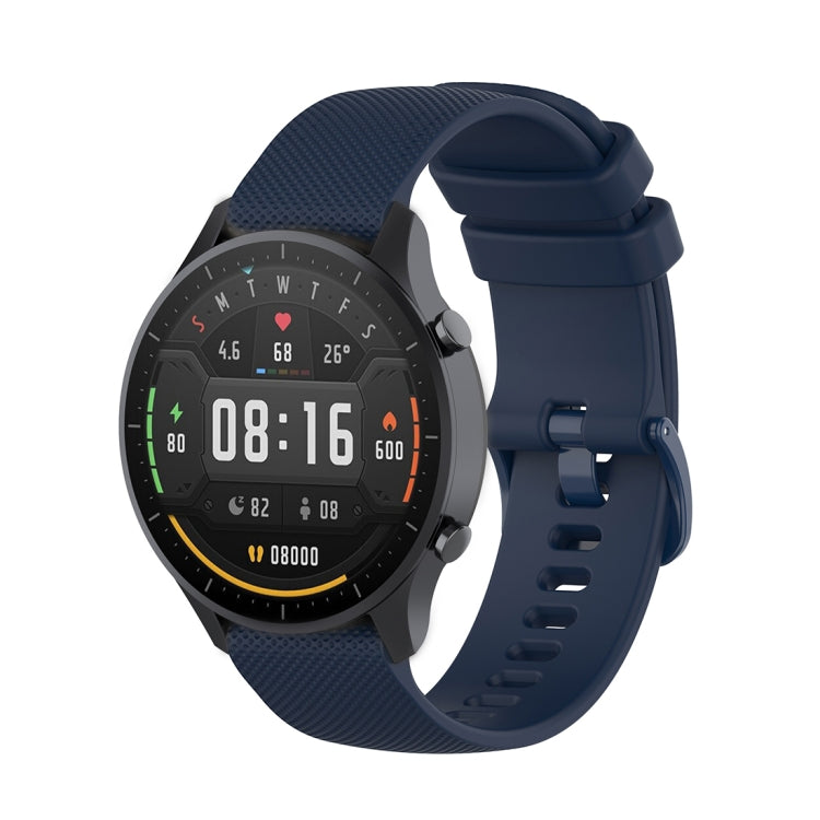 22mm navy blue silicone watch strap with small plaid texture, pin-and-buckle style