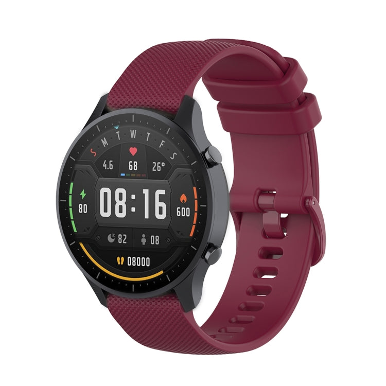 22mm wine red silicone watch strap with small plaid texture, pin-and-buckle style