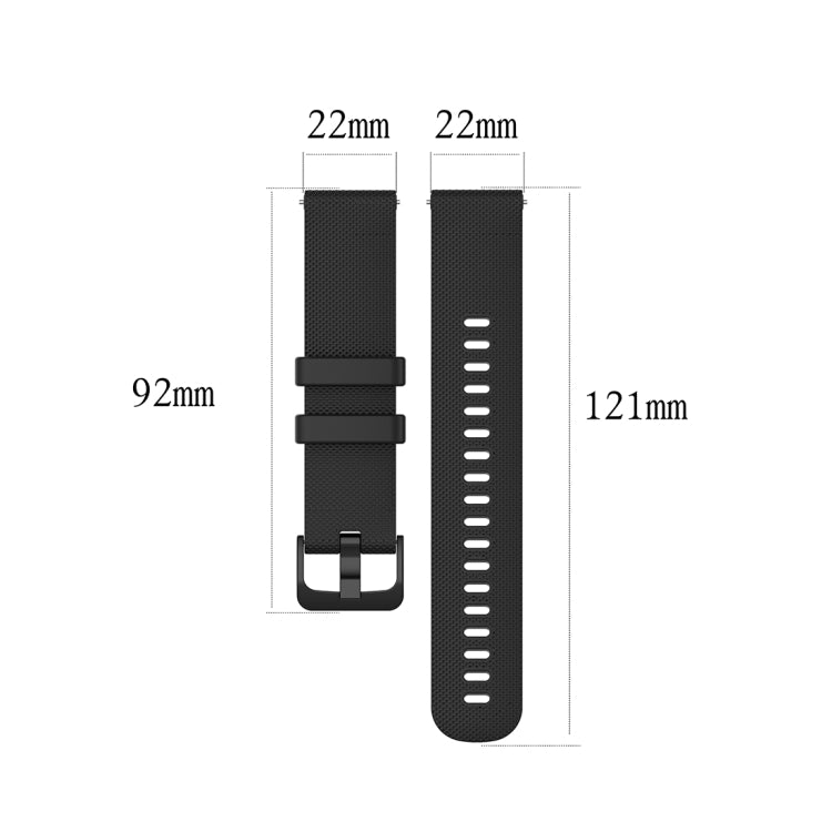 Black 22mm silicone watch strap length diagram with textured strap and adjustment holes.