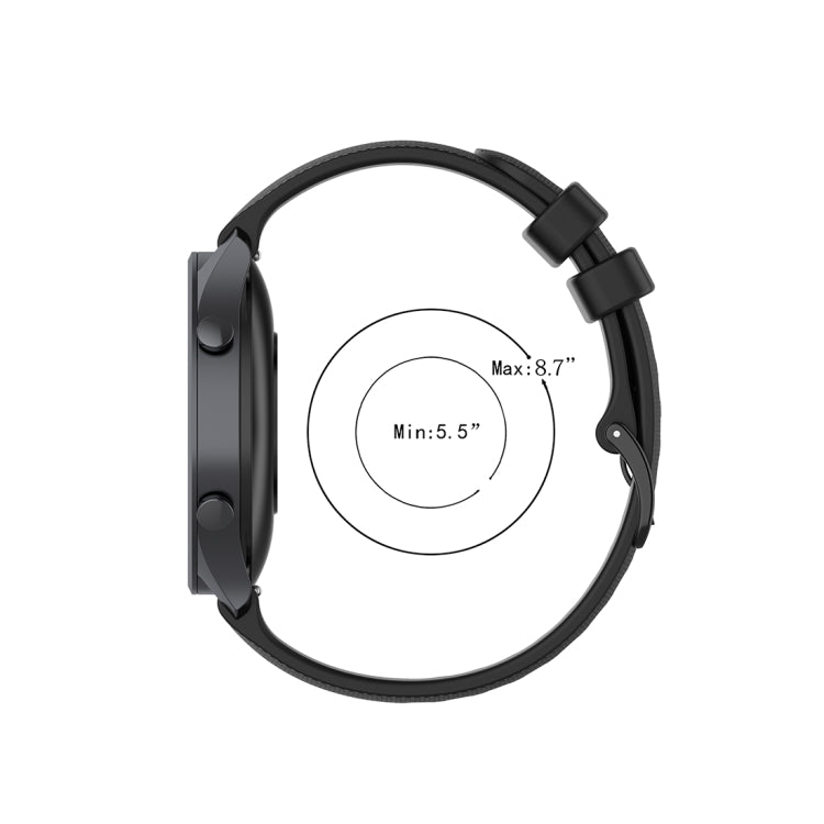 Black 22mm silicone watch strap fitted on smartwatch case with sizing guides.
