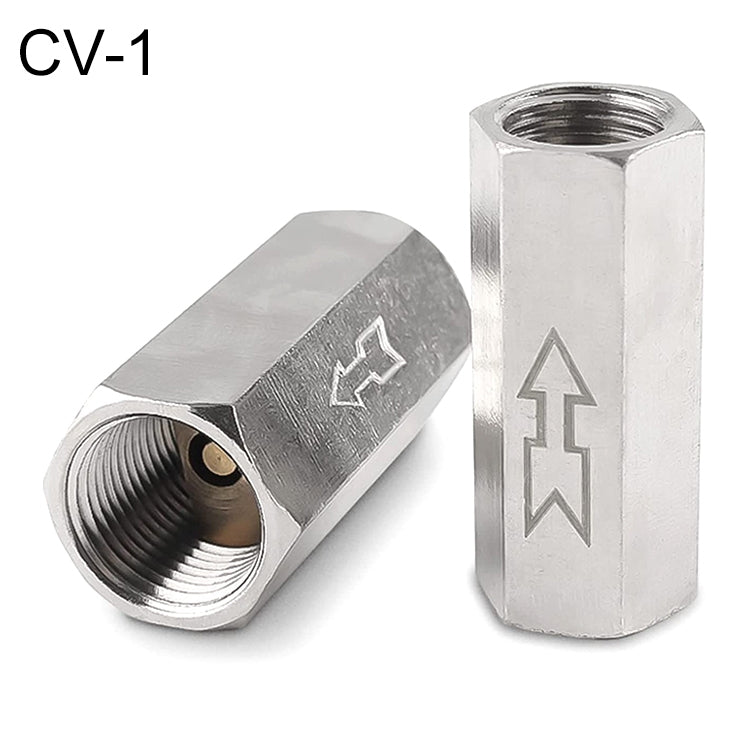 CV-1 pneumatic check valve with flow arrow markings, metal hex threaded fittings