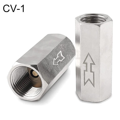 CV-1 pneumatic check valve with flow arrow markings, metal hex threaded fittings