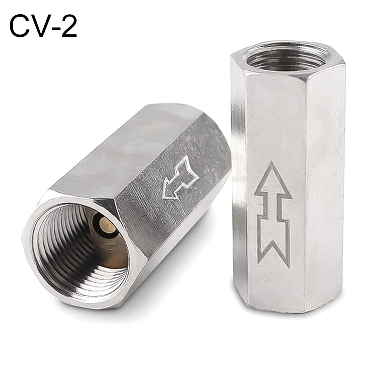 CV-2 pneumatic check valve with flow arrow markings, metal hex threaded fittings