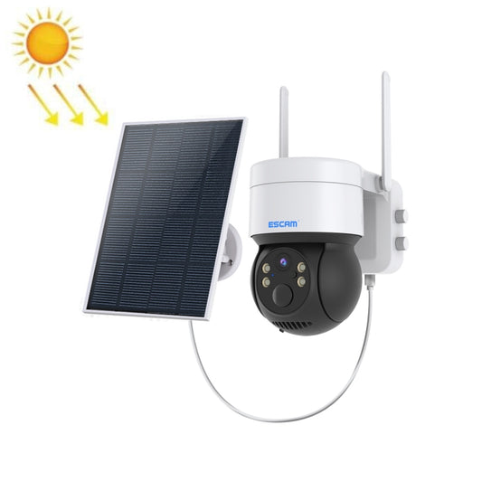 Solar-powered outdoor security camera with white housing, black dome, and attached solar panel