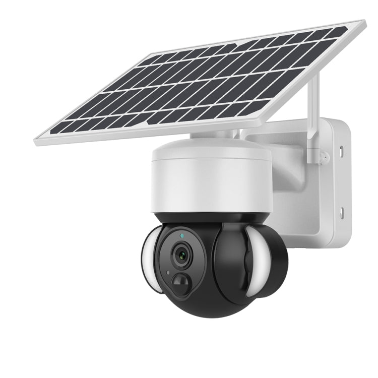 White solar powered PTZ security camera with solar panel and dual floodlight head