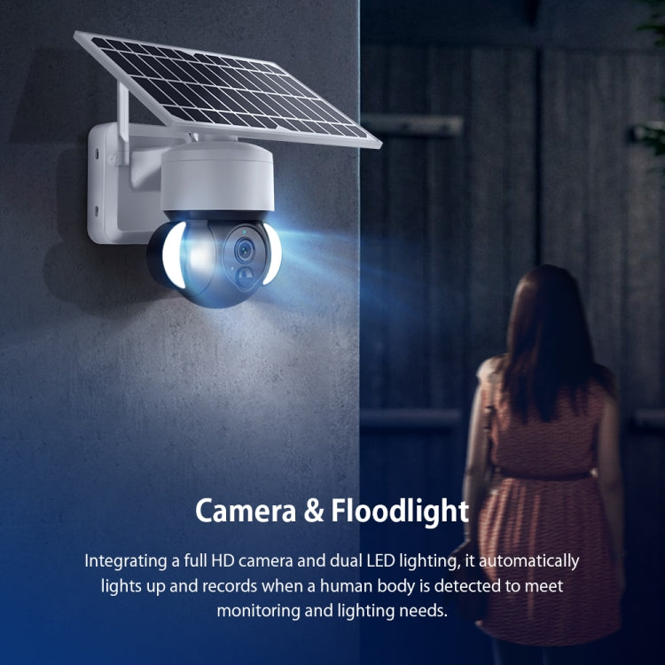 Wall-mounted solar security camera with solar panel and dimmable LED floodlight