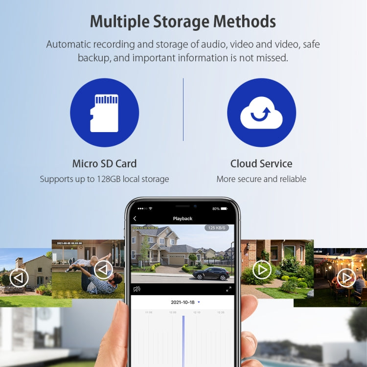 Solar security camera kit showing microSD and cloud playback on a phone screen