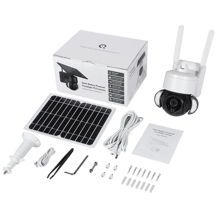 Solar floodlight PTZ security camera with solar panel and accessory installation parts
