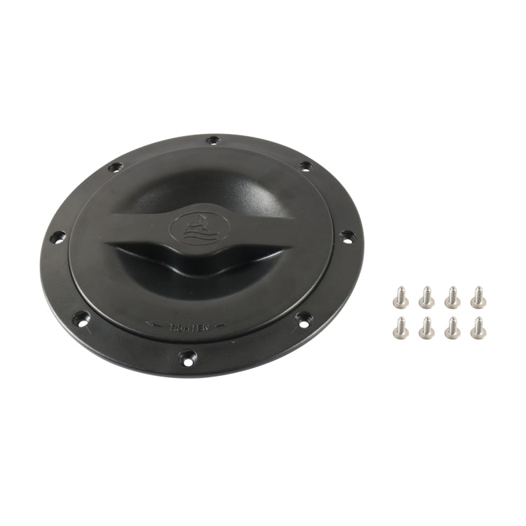 Black round deck hatch cover with star-shaped handle and screw holes