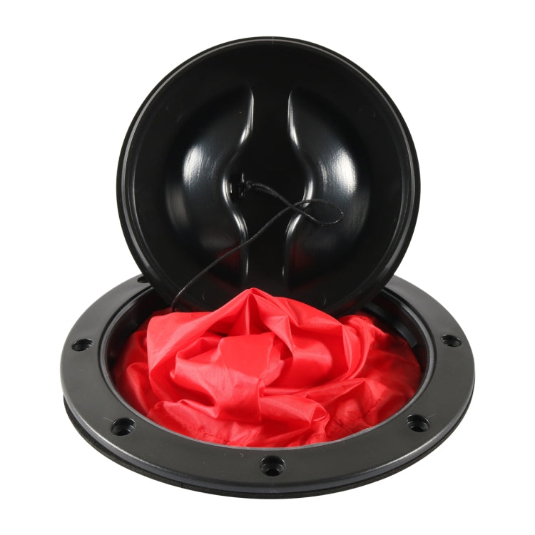 Black open round hatch cover with red mesh insert and mounting holes
