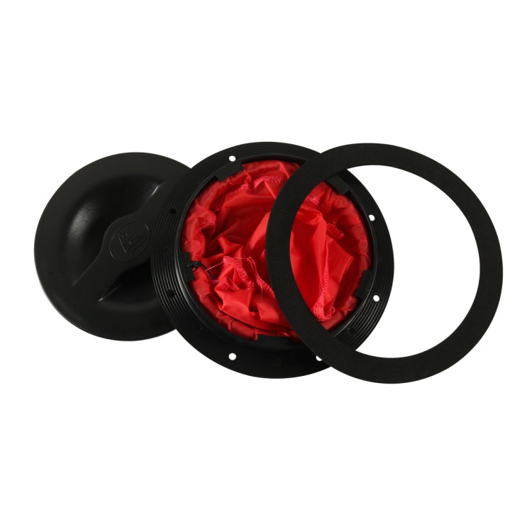 Black hinged hatch cover with red mesh pocket and two round lids