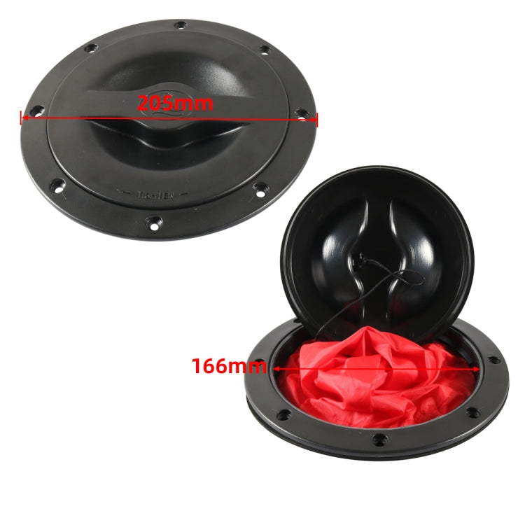 Black round deck hatch cover with 205mm lid and 166mm red pocket insert